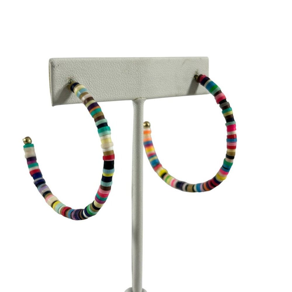 Large Colorful Rainbow Hoop Earrings Heishi Disk Beaded Multicolor Pierced
